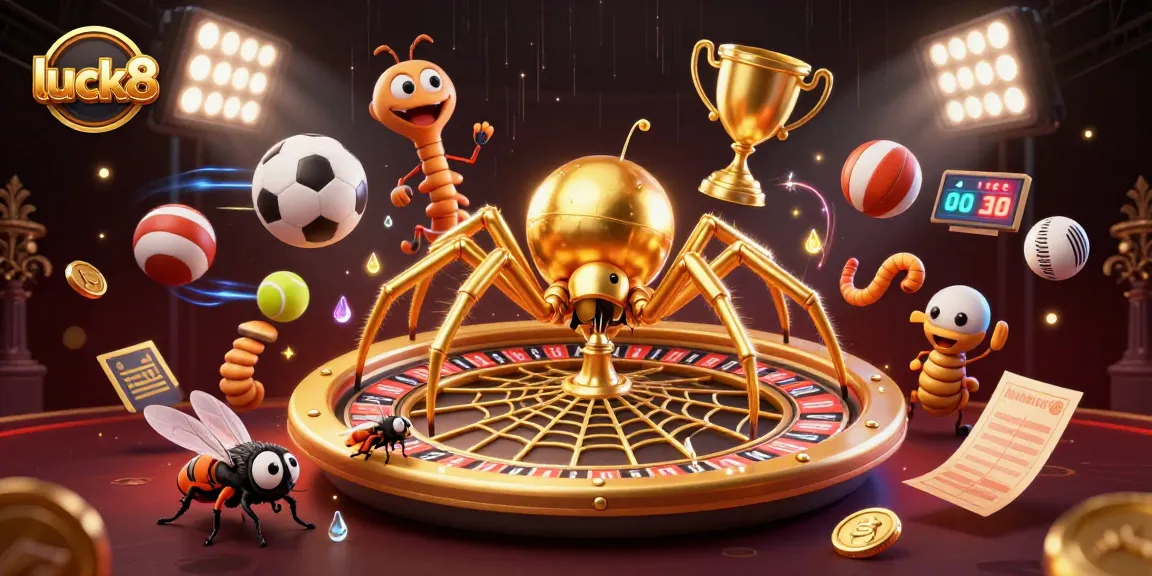 Experience luck8's thrilling betting scene with a giant roulette web and dynamic sports action.
