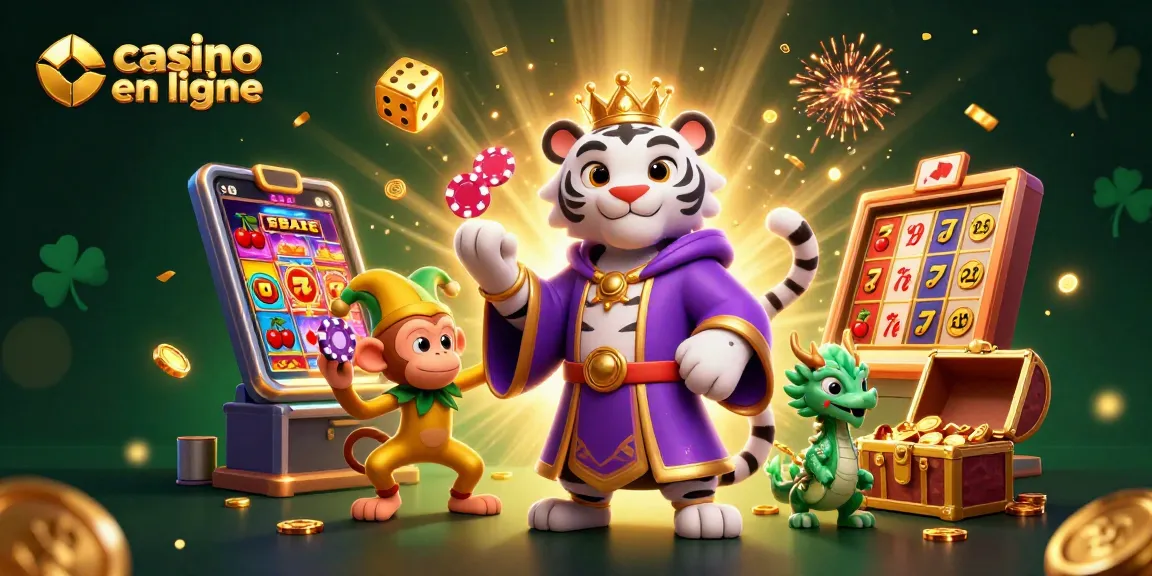 Jouez dans un casino en ligne avec un tigre blanc élégant, un singe doré et un dragon, entourés de machines à sous et de symboles.