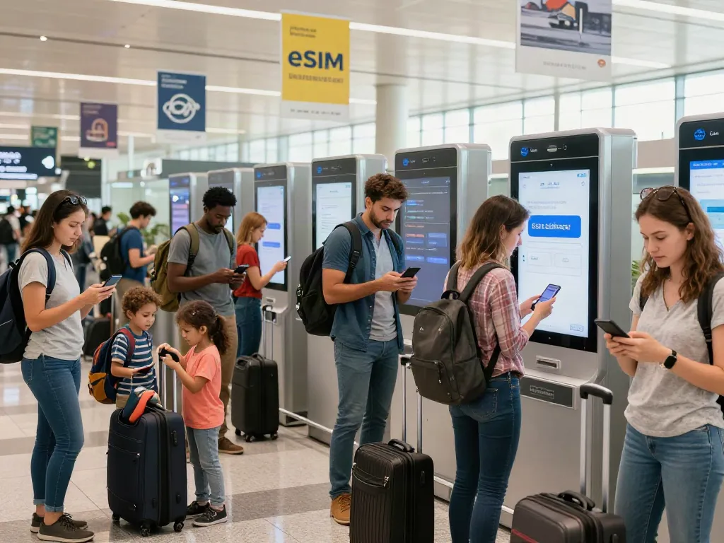 חוויית גולשים עם eSIM לחו"ל בנתב"ג, אנשים צמודים לסמארטפונים שלהם
