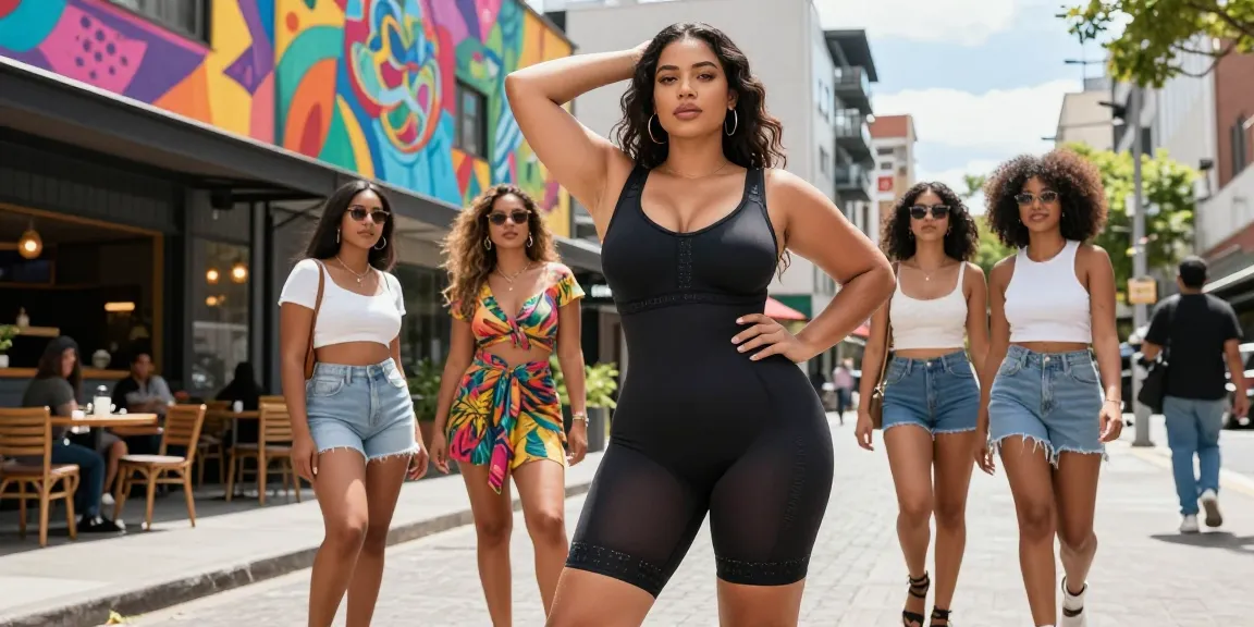 GOKIL33 Colombian Shapewear Galess memperlihatkan perempuan percaya diri dengan gaya modis di jalanan kota.