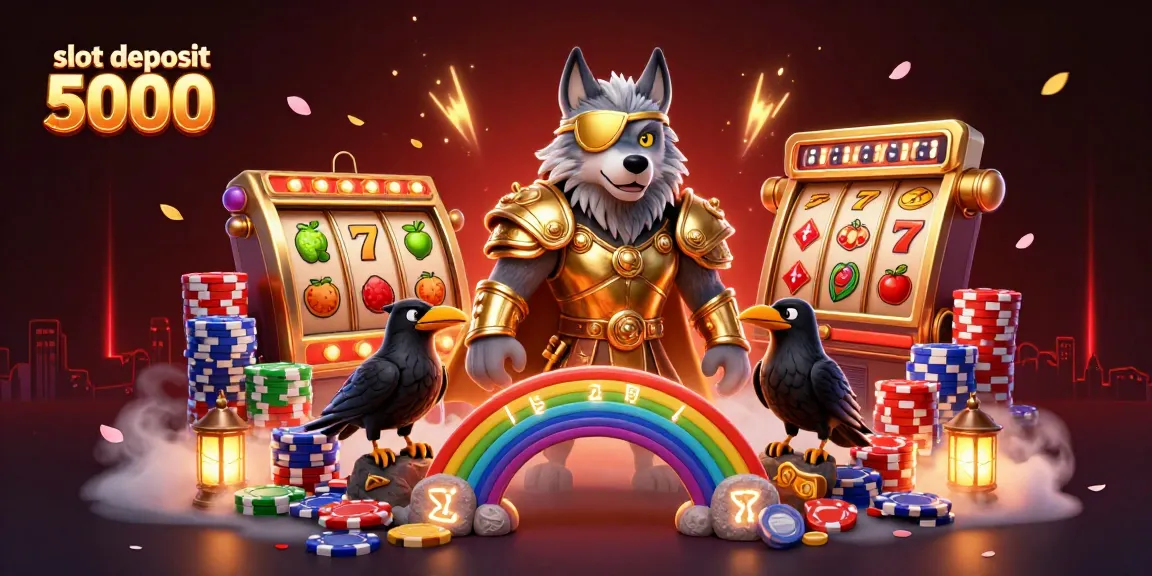 Menangkan slot deposit 5000 dengan karakter Odin dan simbol keberuntungan dalam ilustrasi kasino.