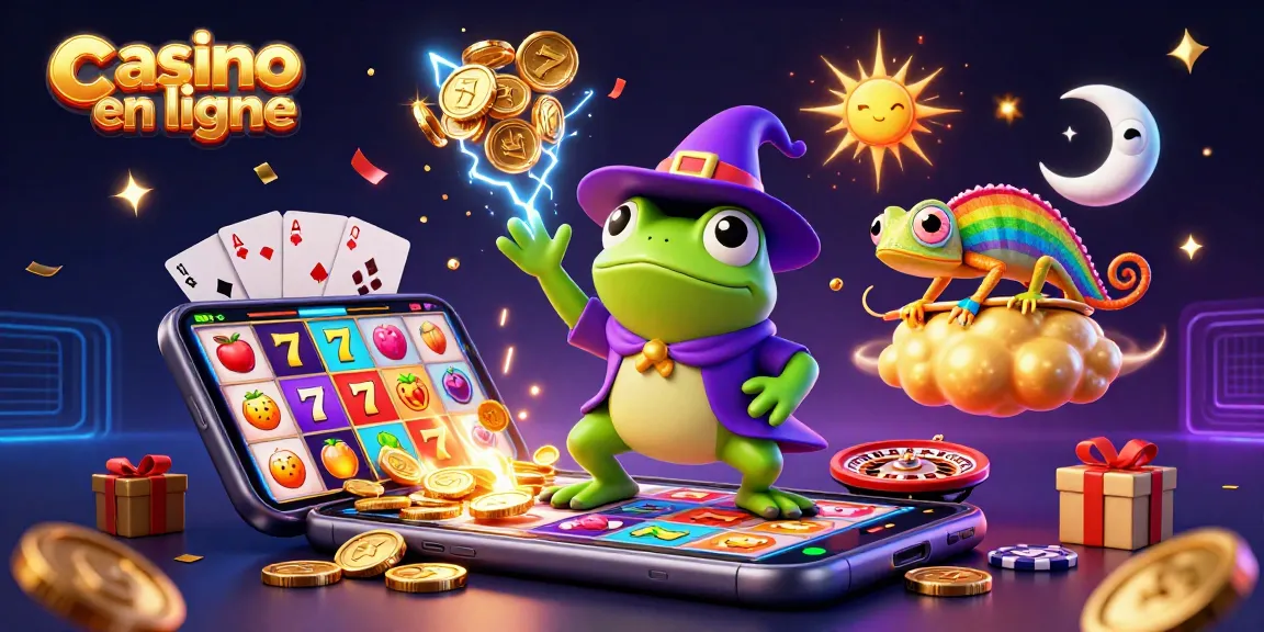 Jouez à casino en ligne avec un magicien grenouille entouré de pièces d'or et de jeux de cartes