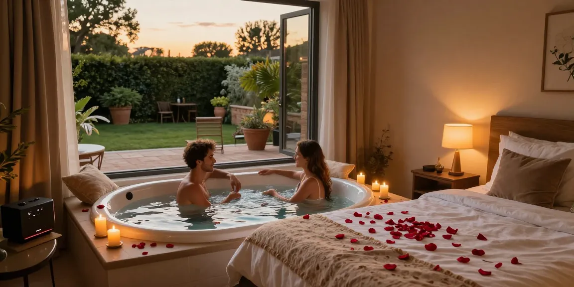week end romantique toulouse in a cozy love room with jacuzzi, couple enjoying an intimate moment surrounded by candlelight and rose petals.