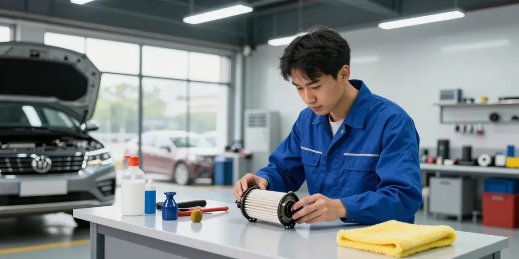 Mechaniker reinigt einen DPF in modernem Autohaus mit Werkzeugen im Hintergrund.