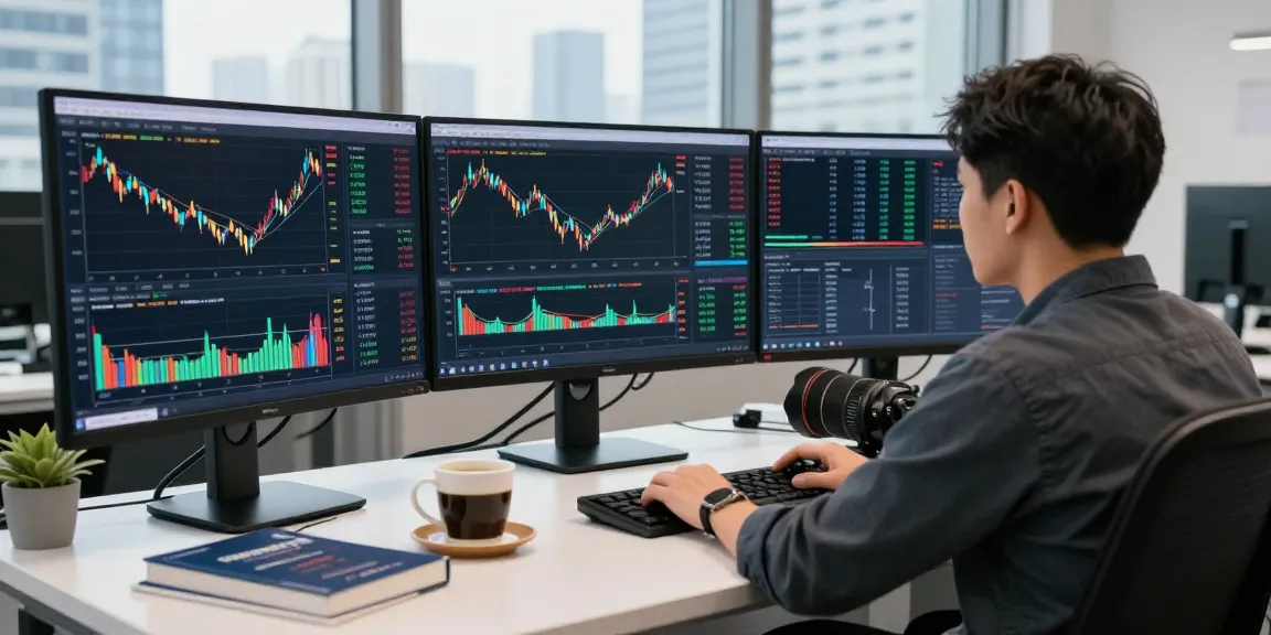 Trader using the MetaTrader 5 platform in a bright office analyzing market trends.