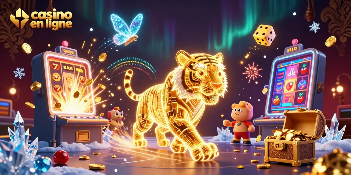 Vivez l'excitation d'un casino en ligne avec un tigre doré, des machines à sous et des symboles chanceux.