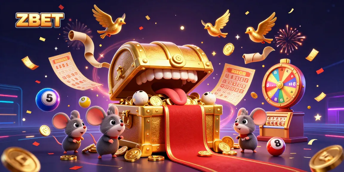 ZBET entices players with a golden treasure chest, engaging elements, and celebratory effects in a captivating casino scene.