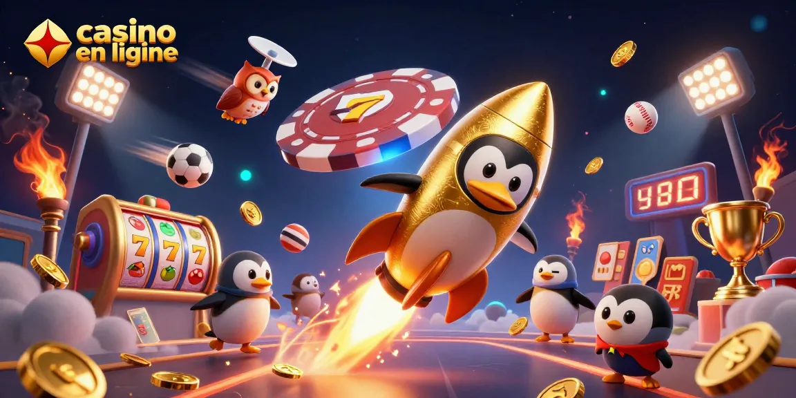 Jouez au casino en ligne avec un pingouin doré spatial et des éléments de jeux dynamiques.