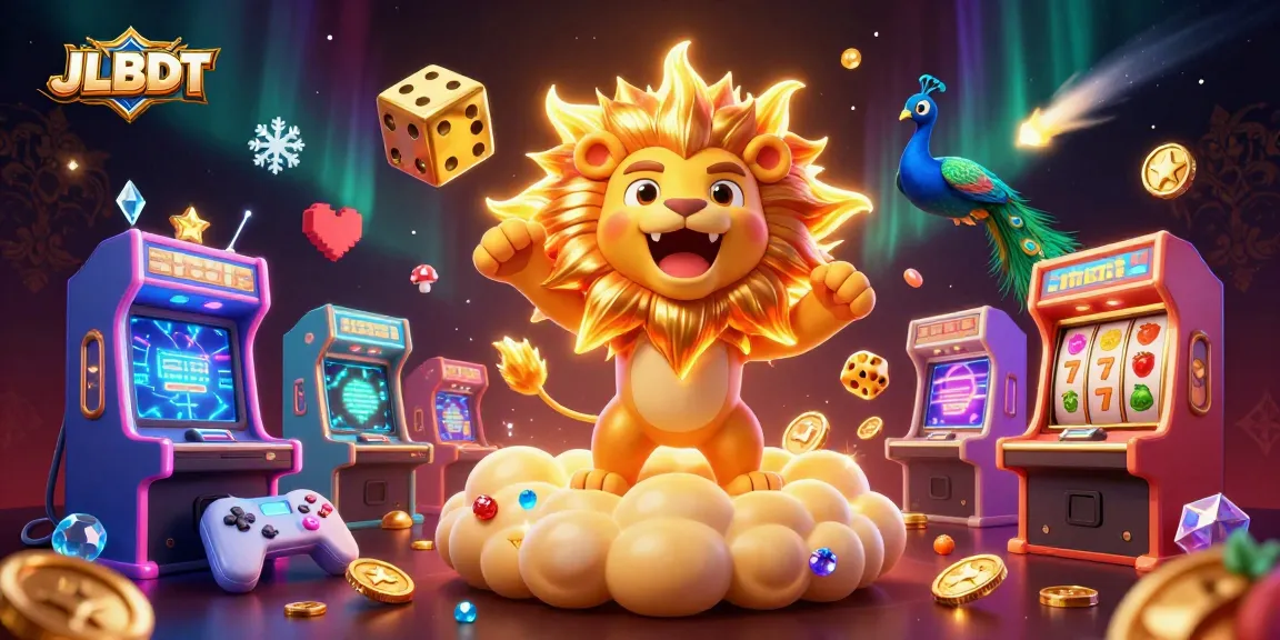 JLBDT showcases a vibrant casino-themed illustration featuring a roaring lion, golden dice, and slot elements.