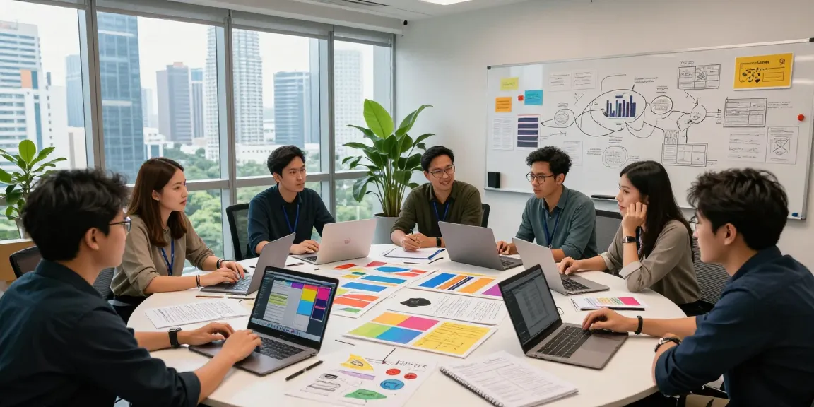 Team of diverse professionals brainstorming at a creative agency Kuala Lumpur, vibrant mood boards in modern workspace.
