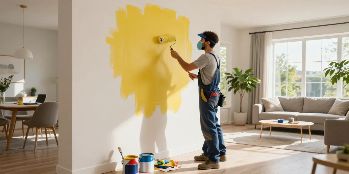 Expert applying painting services in modern living room with vibrant colors.