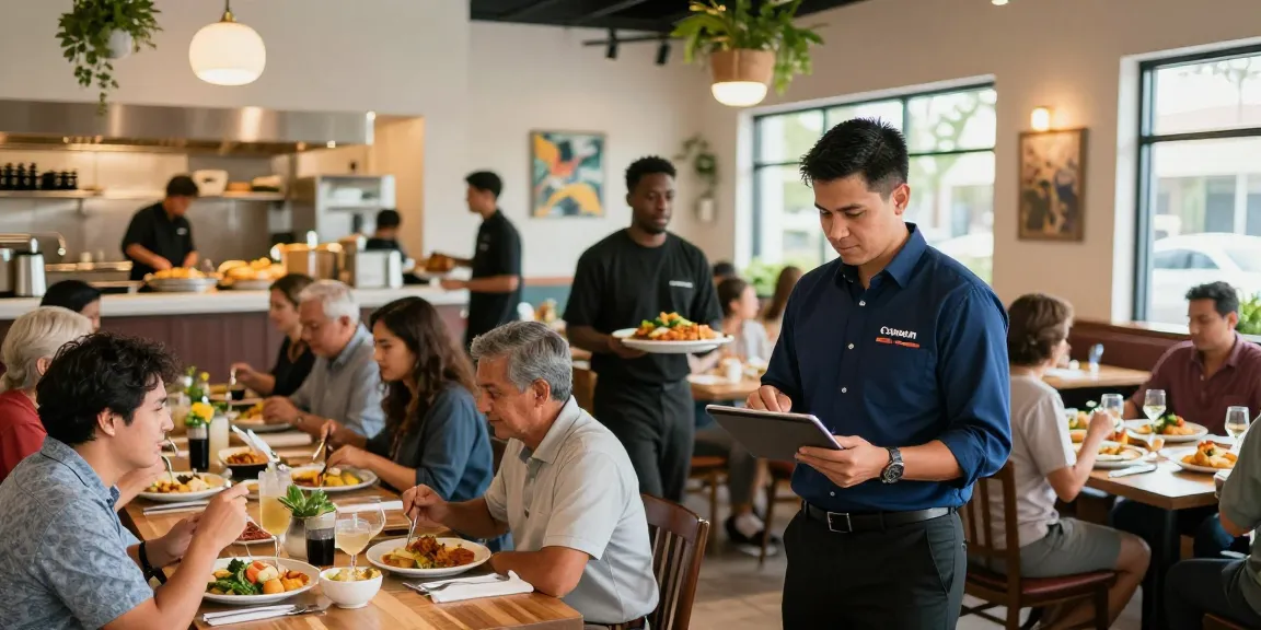 Restaurant manager overseeing busy dining area while reviewing restaurant management jobs in Florida.