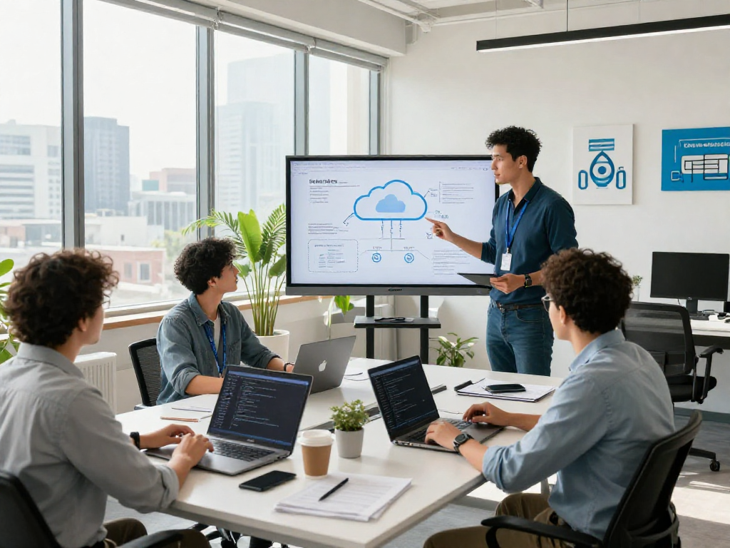 Hosting Mexico team collaborating on cloud project in modern office.