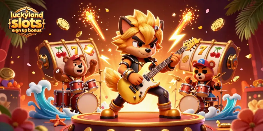 Play the luckyland slots sign up bonus with vibrant 3D action and exciting characters in a casino setting.