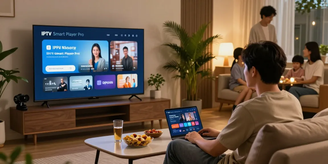 Benutzer verwendet den IPTV Smart Player Pro auf einem großen Smart-TV in einem einladenden Wohnzimmer.