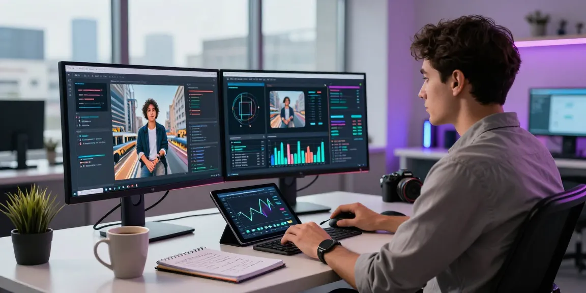 Data analyst using an ai image detector tool to analyze AI-generated images in a modern tech workspace.