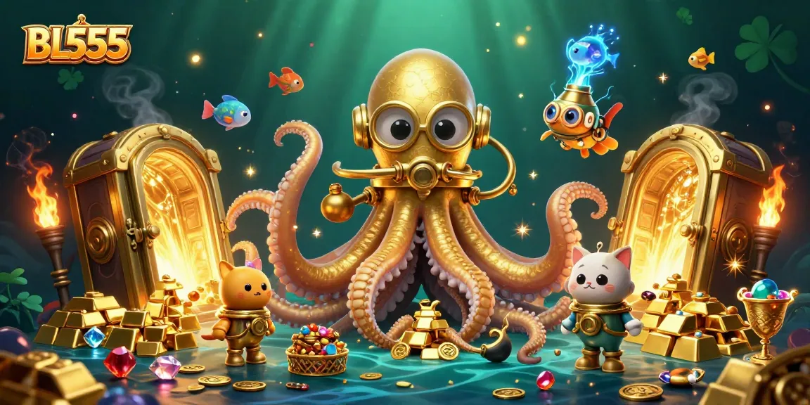 Win big with BL555 at this vibrant casino scene featuring a kraken, treasures, and underwater elements.