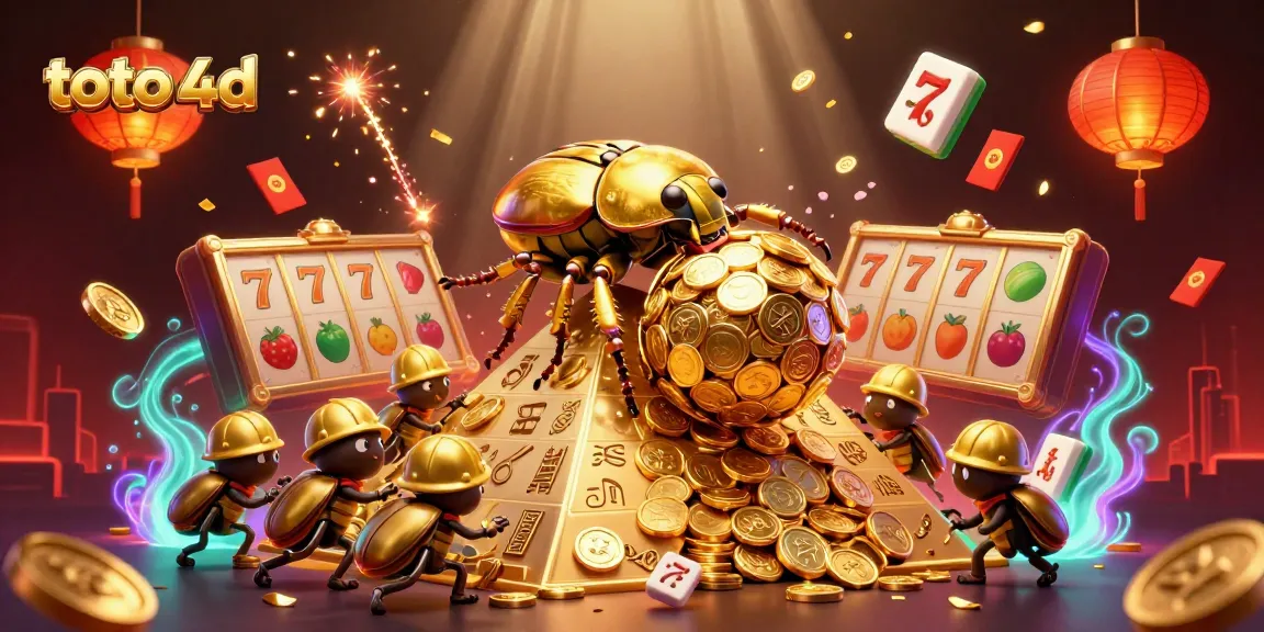 Experience thrilling gameplay with toto 4d featuring golden coins and playful beetles in a vibrant casino scene.