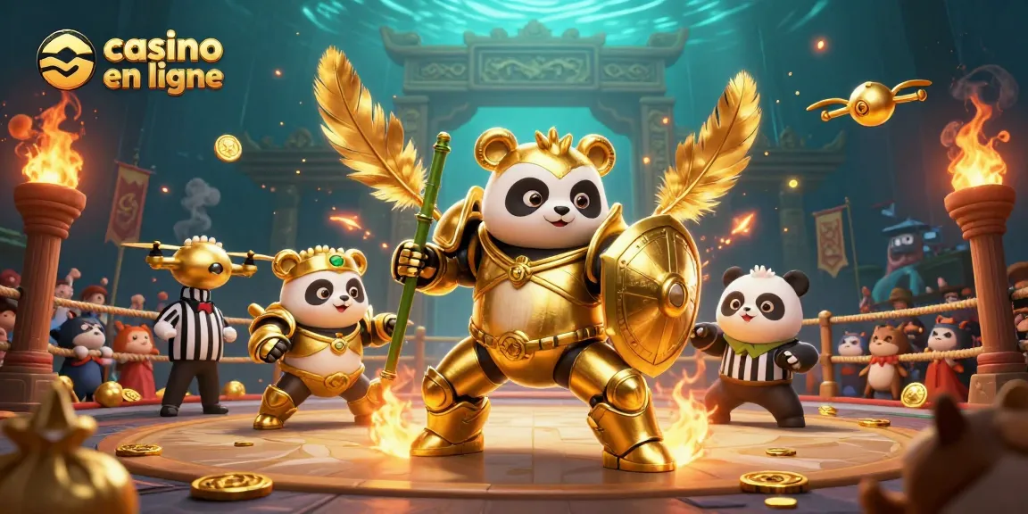 Plongée dans l'univers du casino en ligne avec un panda doré et un robot de combat vibrant.