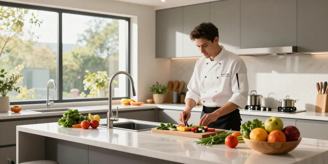 Kitchen faucets showcased in a modern cooking scene with a pull-down sprayer and fresh ingredients.