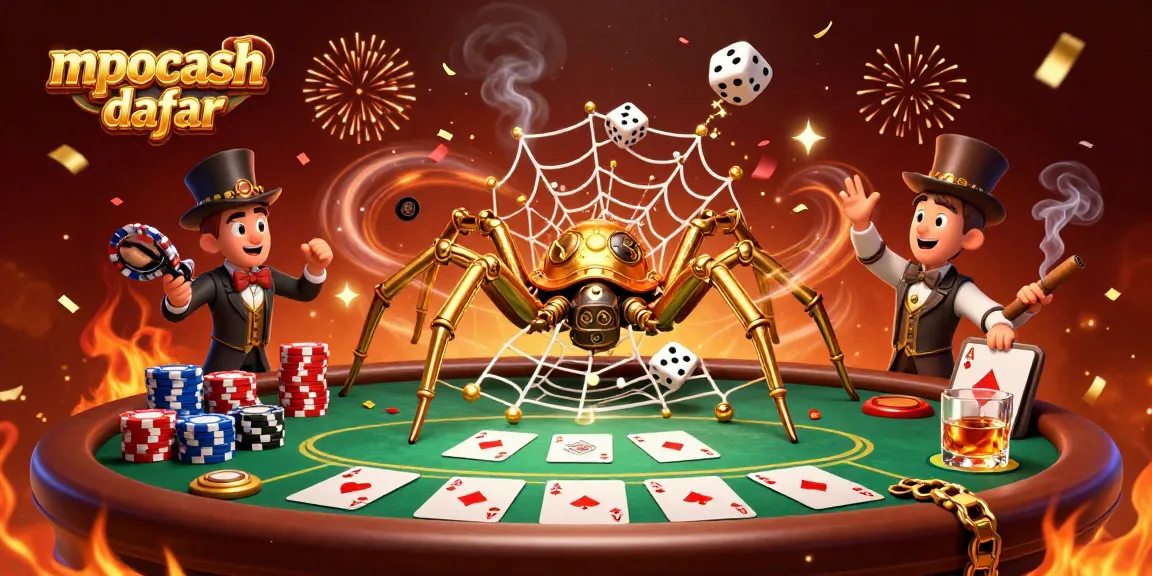 Catch the excitement of mpocash daftar with a vibrant 3D illustration showcasing steampunk elements and casino themes.