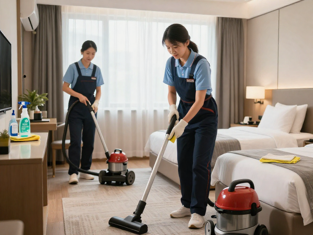 Professionelle Hotelreinigung in Dortmund mit geschultem Personal, das Zimmer und Gemeinschaftsbereiche gründlich reinigt.