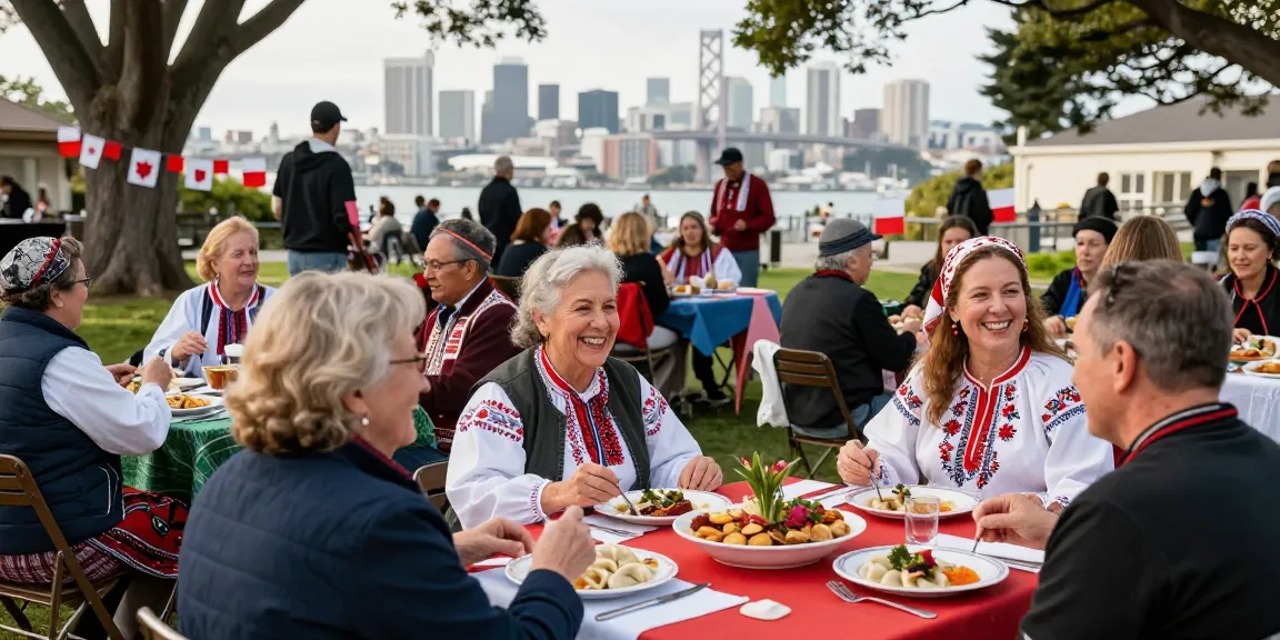 Community gathering of Polish nationals in San Francisco at https://www.sfpol.com/ sharing food, culture, and connections.