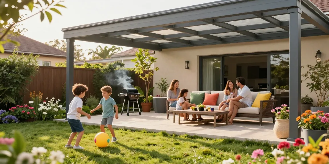 Moderne Terrassenüberdachungen bieten Schutz und Stil für gemütliche Familienfeiern im Garten.