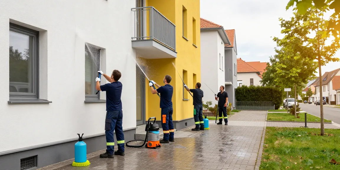 Reinigung Bad Hersfeld: Professionelles Team reinigt die Fassade eines Gebäudes mit umweltschonenden Mitteln.