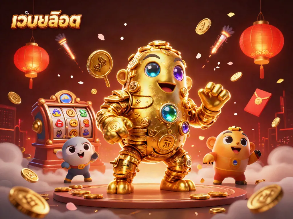 Experience thrilling เว็บสล็อต action with a golden golem and vibrant slot reels in a festive 3D scene.