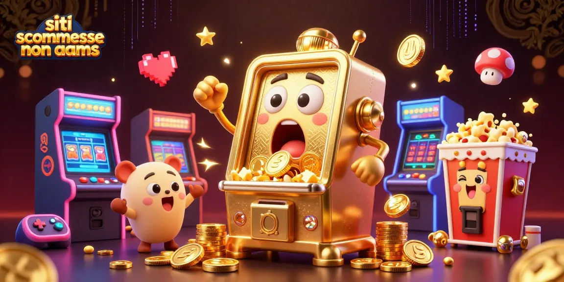 Scommetti con i siti scommesse non AAMS e vinci con un'illustrazione vivace di slot machine e giochi arcade.