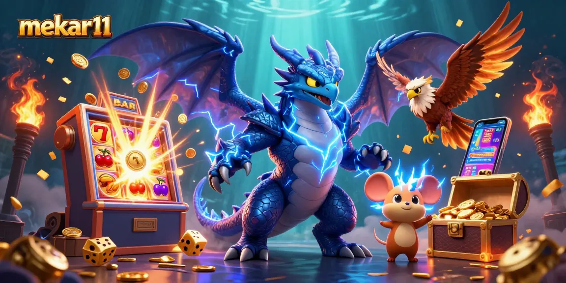 Unlock huge wins with mekar11, showcasing a thrilling casino scene filled with iconic slots and vibrant game elements.