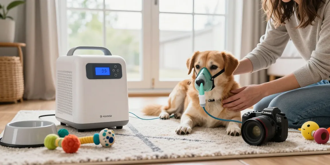 Pet owner using a portable oxygen machine from https://www.petair.hk/ beside a relaxed dog enjoying oxygen therapy in a cozy home.