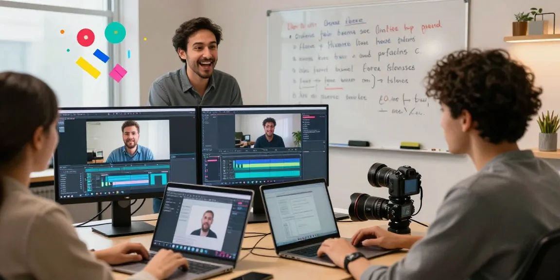 Engaging online classroom for a video processing course online with diverse students and vibrant editing software.