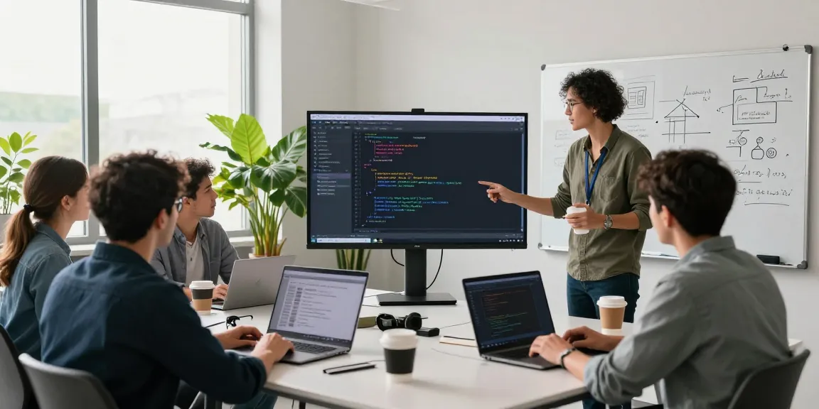 Kotlin app development training in a collaborative tech workspace with developers engaging over code and project designs.