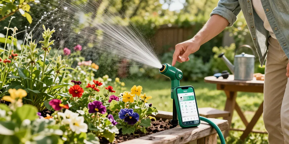Effortlessly setting up the RainPoint sprinkler timer for a lush garden, showcasing vibrant flowers and a modern gardening lifestyle.