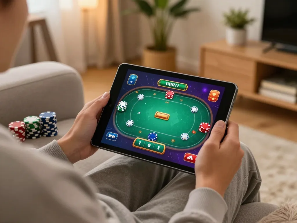 Engaged player enjoying online gaming on tablet, showcasing the excitement of 789win777 in a cozy home setting