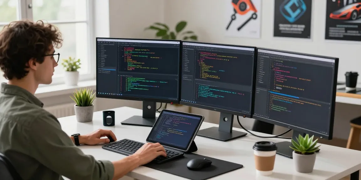 Dynamic workspace showcasing programming in action with multiple screens, embodying the 纸飞机中文版官网 tech environment.