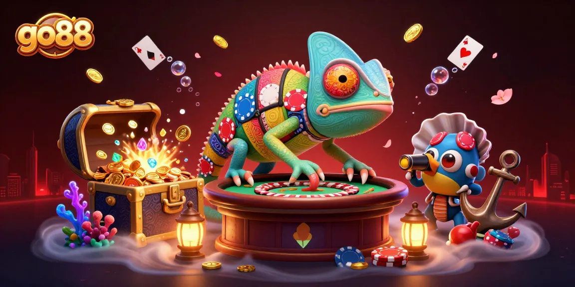 Engage in thrilling casino adventures with go 88, featuring vibrant 3D chameleon and exciting game elements.