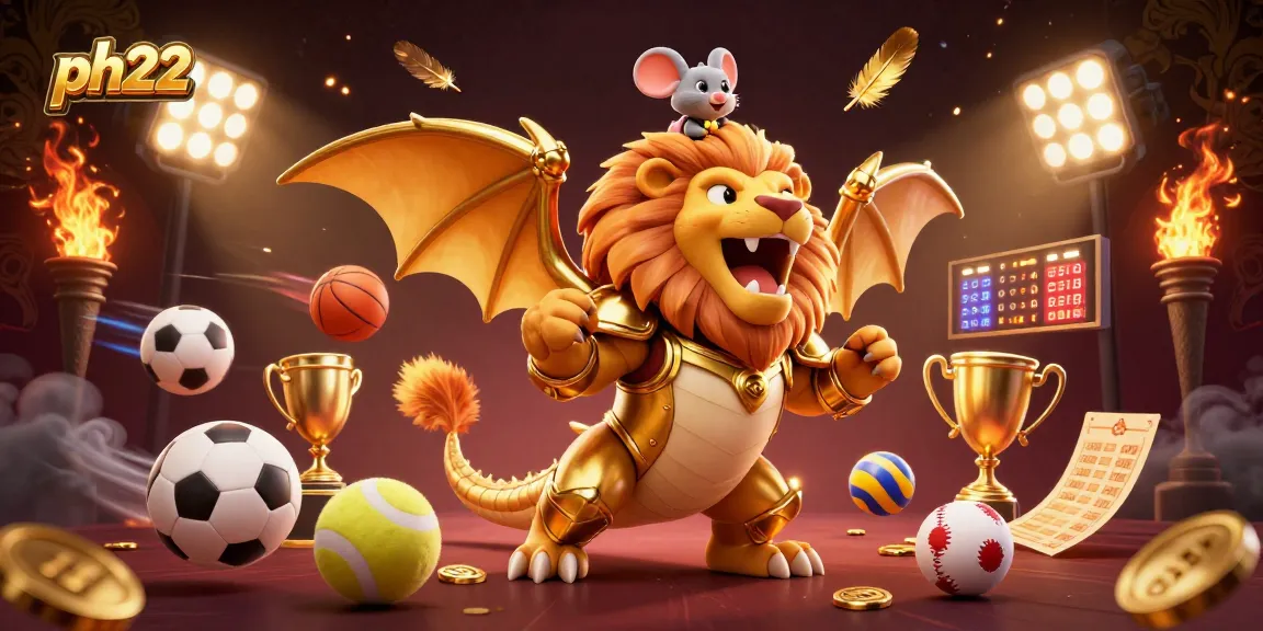 Experience thrilling gaming action with ph22, showcasing a dynamic 3D casino scene featuring vibrant sports elements and mythical characters.