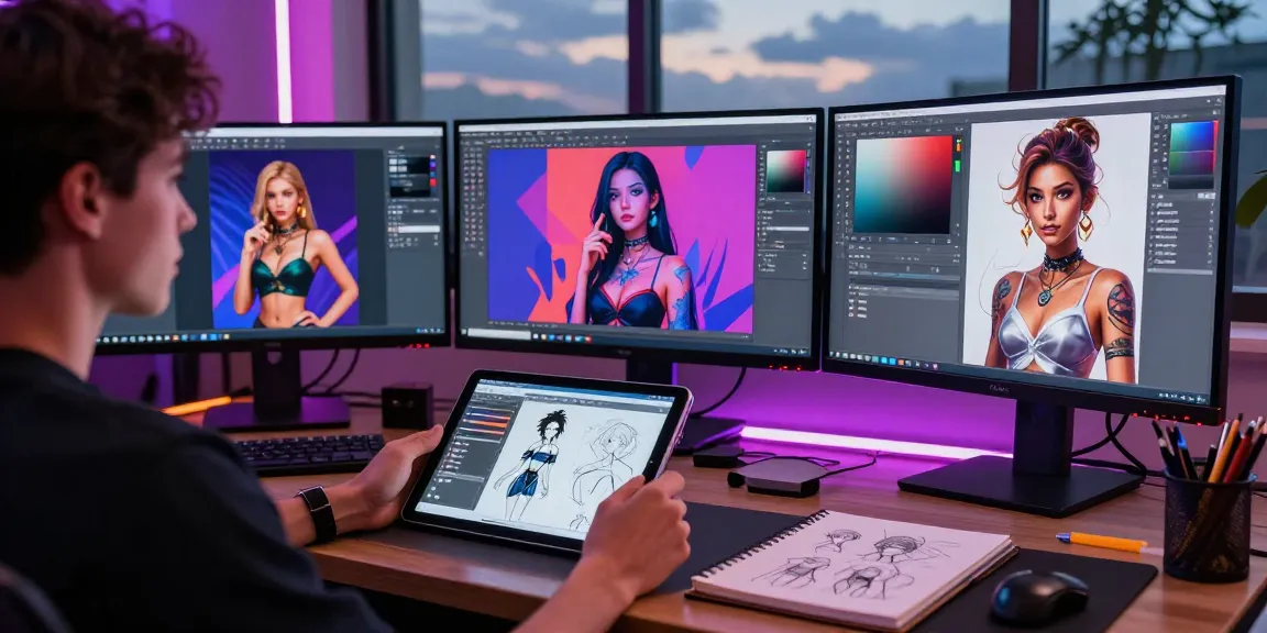 Creative professional generating NSFW AI character designs in a vibrant digital studio environment.