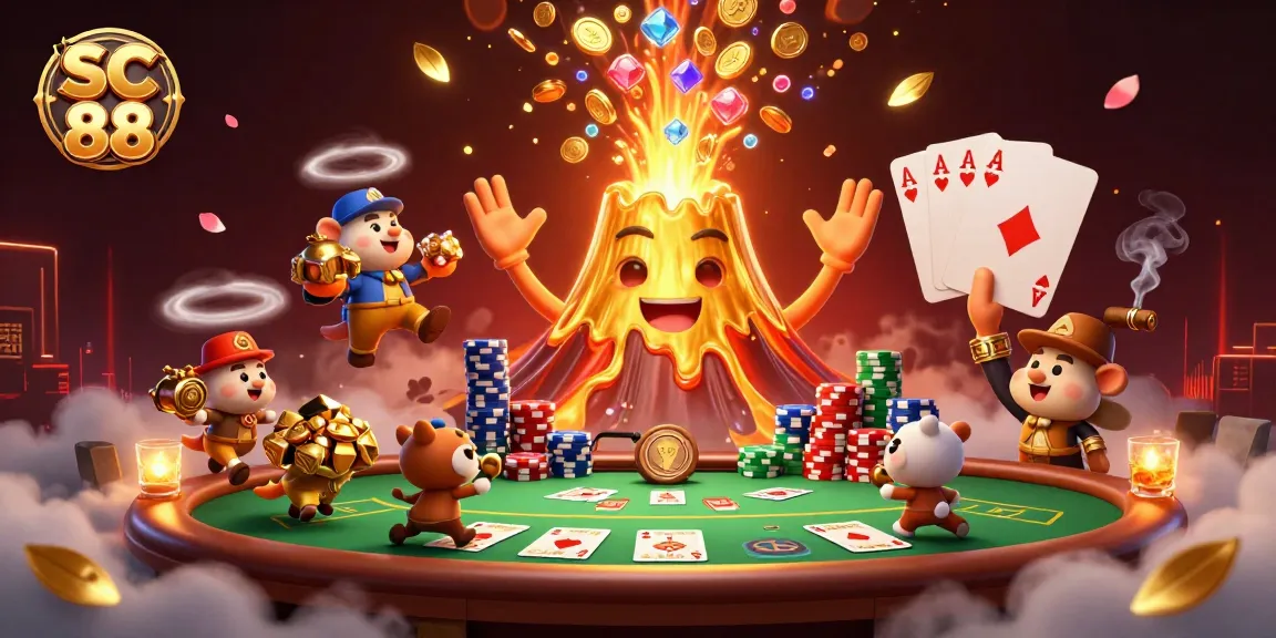 Engage in thrilling casino adventures with SC 88 as a golden volcano erupts with treasures.