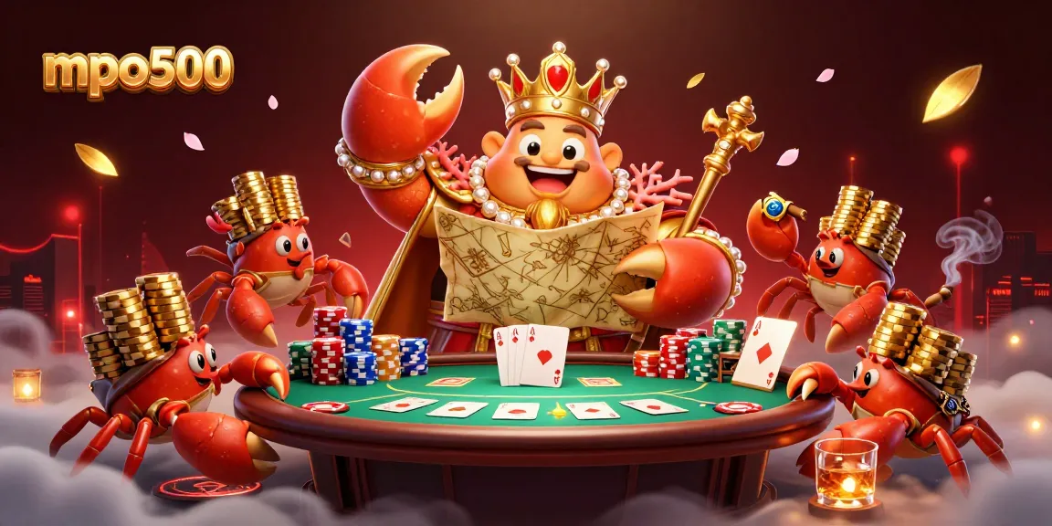 Engage with mpo500's exciting gaming world featuring a majestic crab emperor amidst vibrant poker scene.