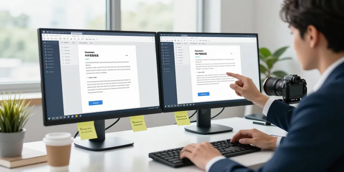Professional analyzing PDF on dual monitors to detect fraud in pdf