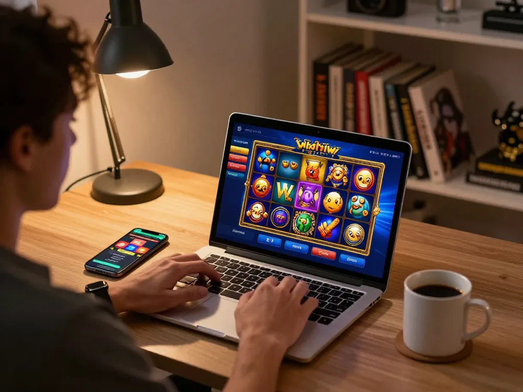 Pemain Dewi88 terlibat dengan permainan slot daring yang mendebarkan pada pengaturan laptop modern, menampilkan permainan interaktif.