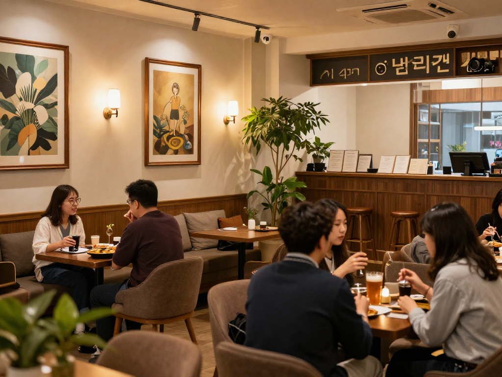 강남쩜오 멀리건의 아늑하고 세련된 라운지 공간 분위기