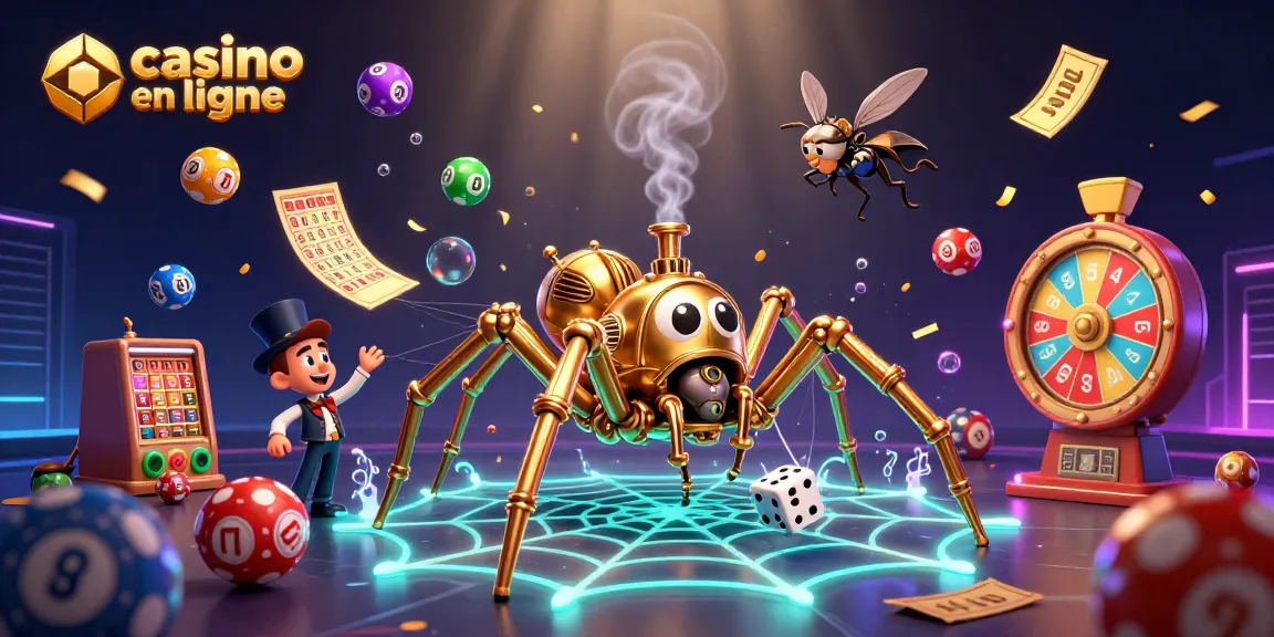 Casino en ligne : illustration dynamique avec une araignée dorée et des éléments de loto.