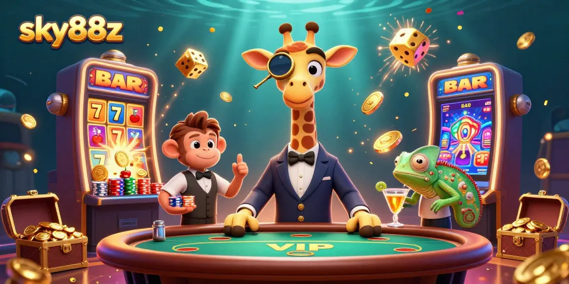 Engage with sky88z's colorful casino scene featuring a high-roller giraffe and thrilling jackpots.