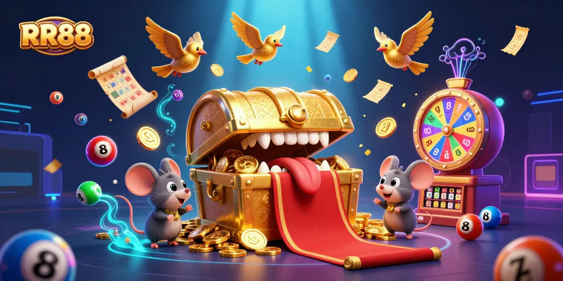 Engage with RR88's thrilling lottery experience as dynamic elements like colorful balls and confetti abound.