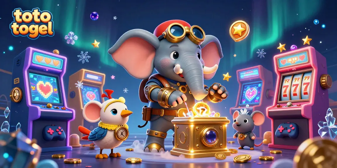 Experience the thrill of toto togel with a whimsical steampunk elephant at a golden slot machine, surrounded by vibrant gaming elements.